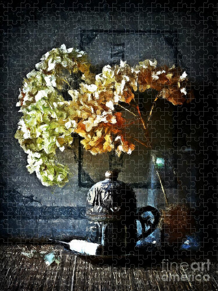 Hydrangea Jigsaw Puzzle featuring the painting Still life with hydrangea by Binka Kirova