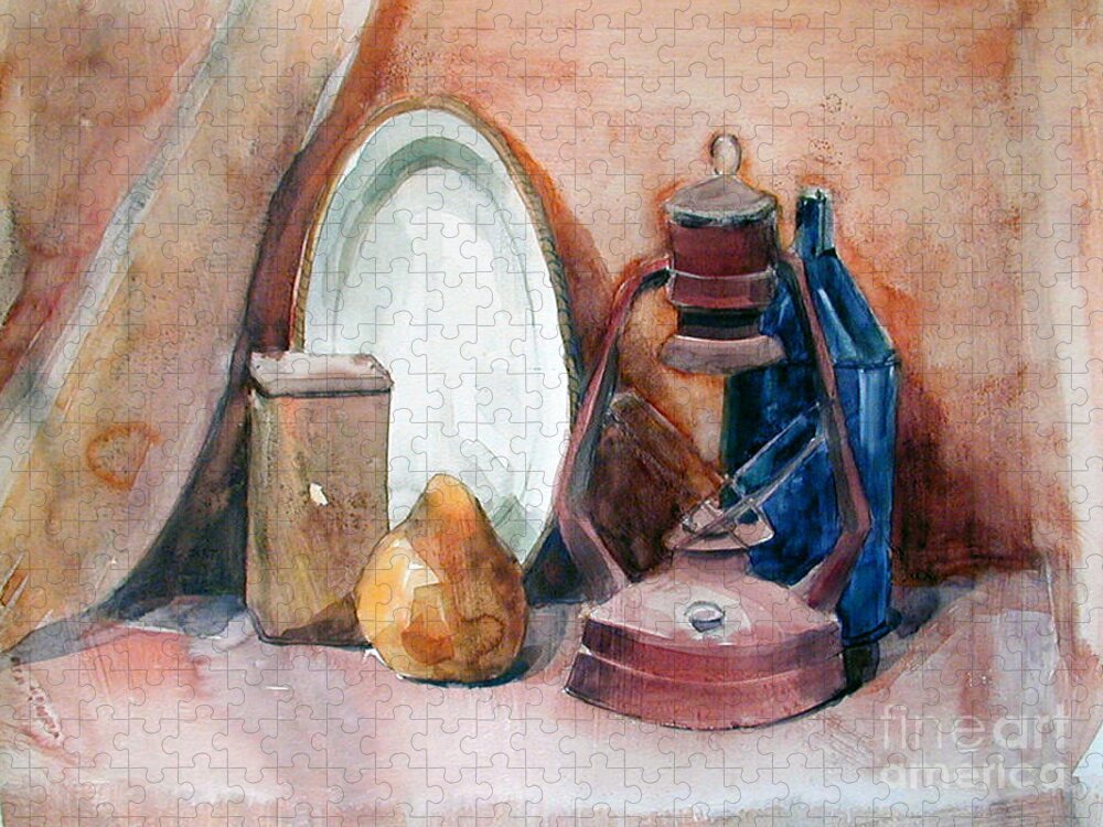 Greta Corens Jigsaw Puzzle featuring the painting Watercolor Still Life with rustic, old Miners Lamp by Greta Corens