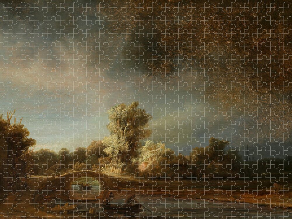 Stone Bridge Jigsaw Puzzle featuring the painting Stone Bridge by Rembrandt