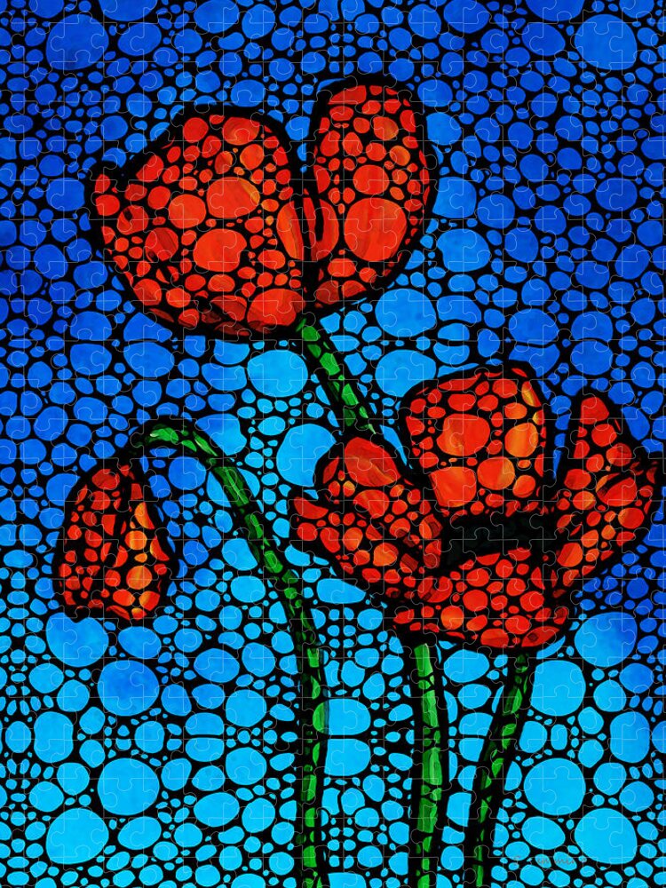 Poppies Jigsaw Puzzle featuring the painting Stone Rock'd Poppies by Sharon Cummings by Sharon Cummings