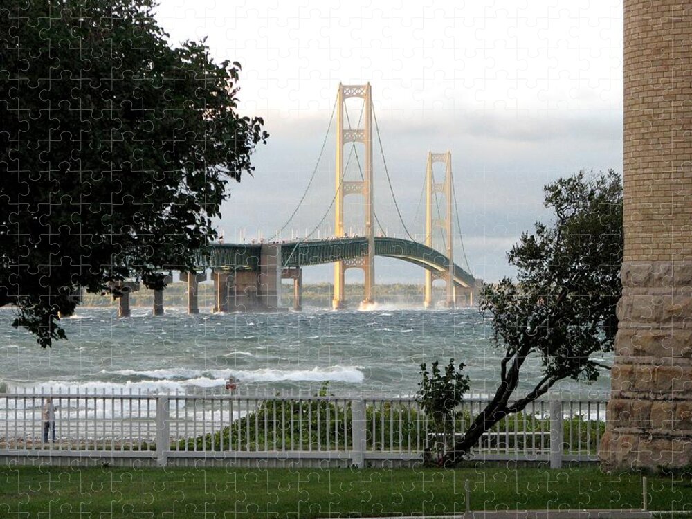 Mackinac Bridge Jigsaw Puzzle featuring the photograph Stormy Straits of Mackinac 2 by Keith Stokes