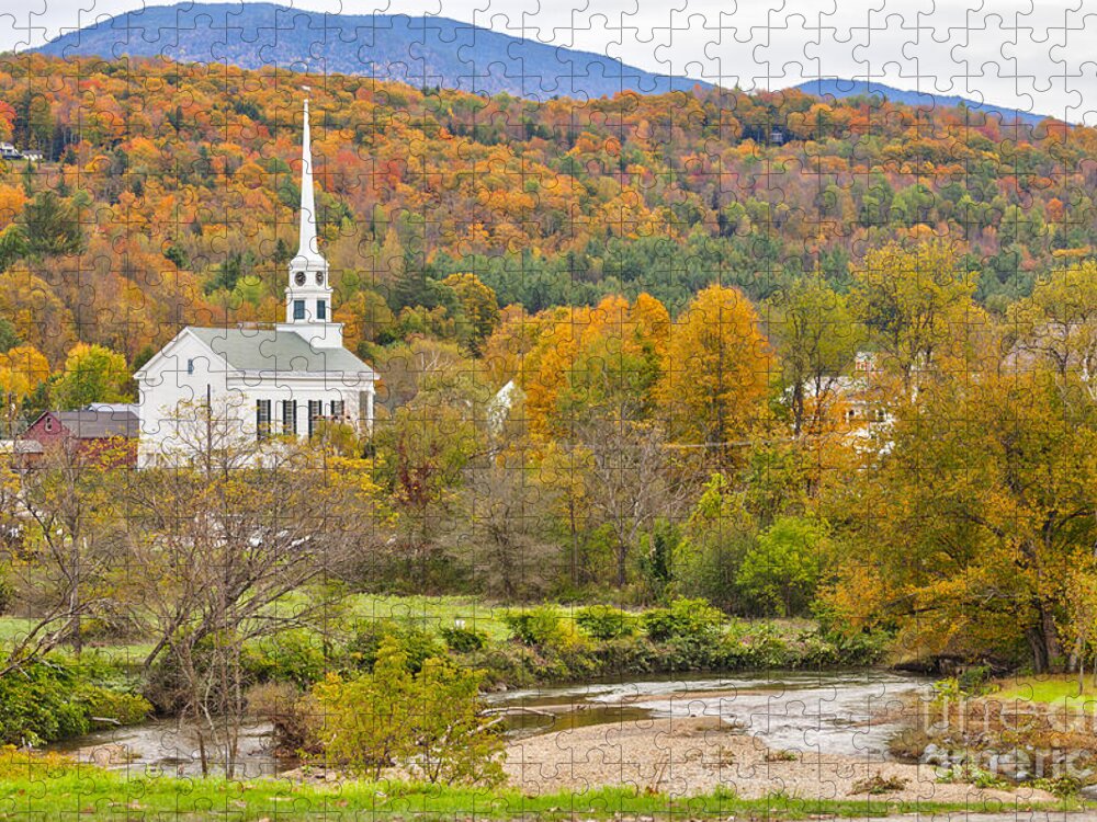 Stowe Jigsaw Puzzle featuring the photograph Stowe Vermont community church and Little River by Ken Brown