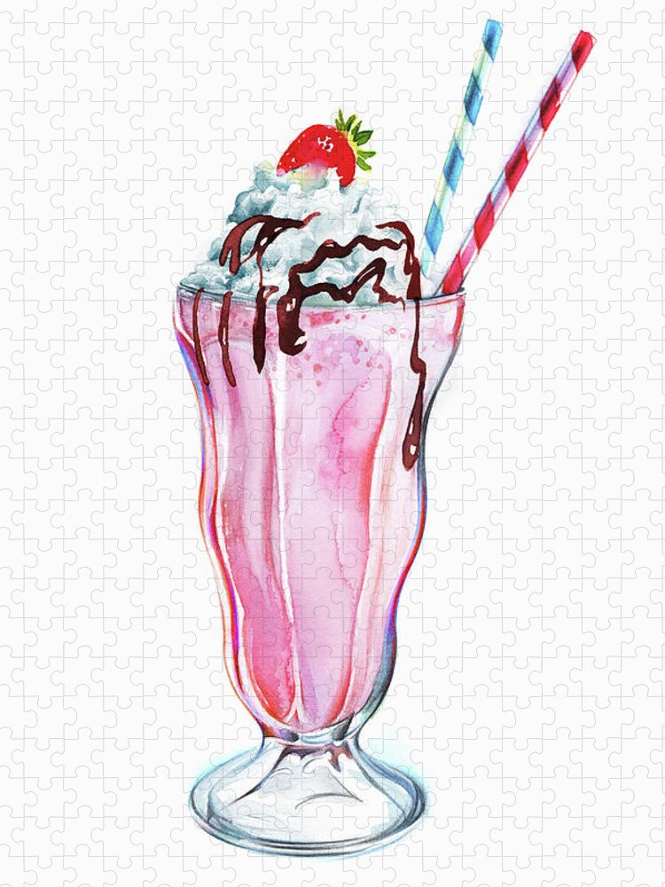Chocolate Icing Jigsaw Puzzle featuring the painting Strawberry Milkshake With Whipped Cream by Ikon Ikon Images