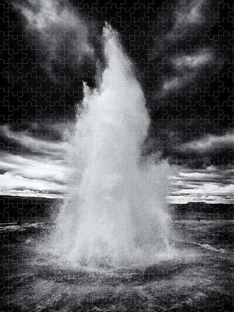 Strokkur Jigsaw Puzzle featuring the photograph Strokkur geyser Iceland black and white by Matthias Hauser