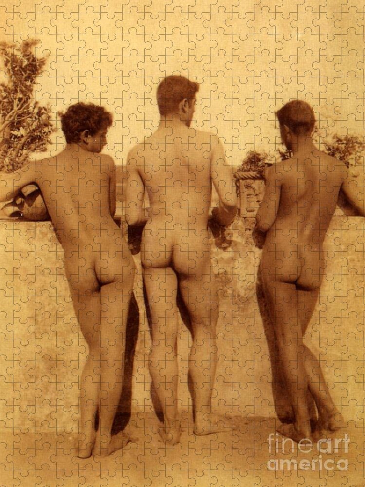 Gloeden Jigsaw Puzzle featuring the photograph Study of Three Male Nudes by Wilhelm von Gloeden
