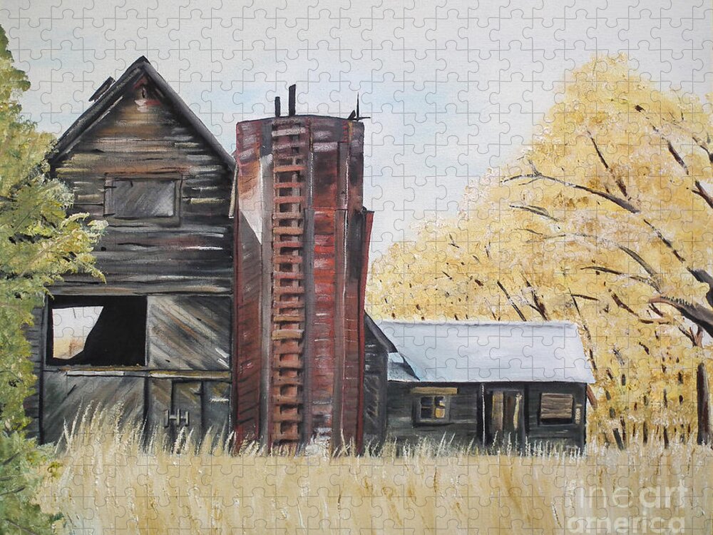 Summer Red Jigsaw Puzzle featuring the painting Golden Aged Barn -Washington - Red Silo by Jan Dappen
