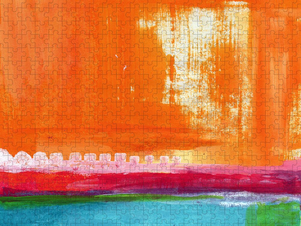 Orange Abstract Art Puzzle featuring the painting Summer Picnic- colorful abstract art by Linda Woods