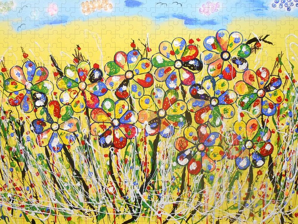 Abstract Jigsaw Puzzle featuring the painting Sun-Kissed Flower Garden by GH FiLben