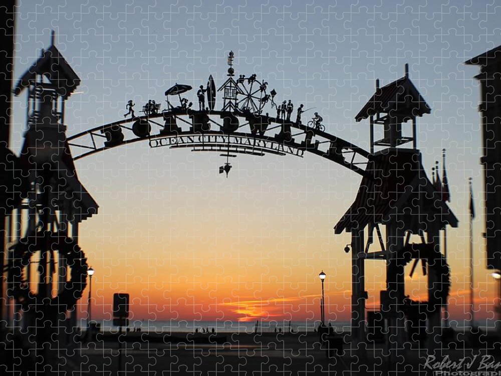 Sunrise Jigsaw Puzzle featuring the photograph Sun Reflecting on Clouds Ocean City Boardwalk Arch by Robert Banach