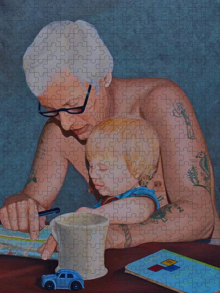 Father And Son Jigsaw Puzzle featuring the painting Sunday Paper by AnnaJo Vahle