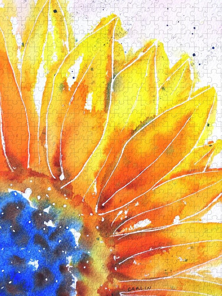 Sunflower Jigsaw Puzzle featuring the painting Sunflower Blue Orange and Yellow by Carlin Blahnik CarlinArtWatercolor