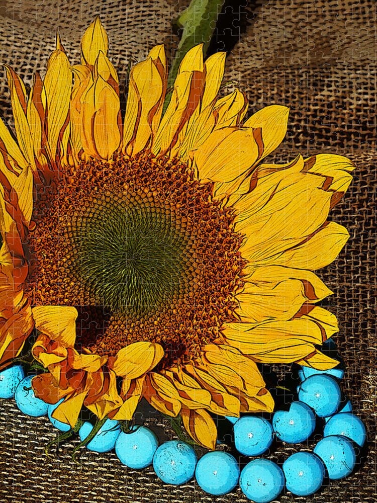 Sunflower Jigsaw Puzzle featuring the photograph Sunflower Burlap And Turquoise by Phyllis Denton