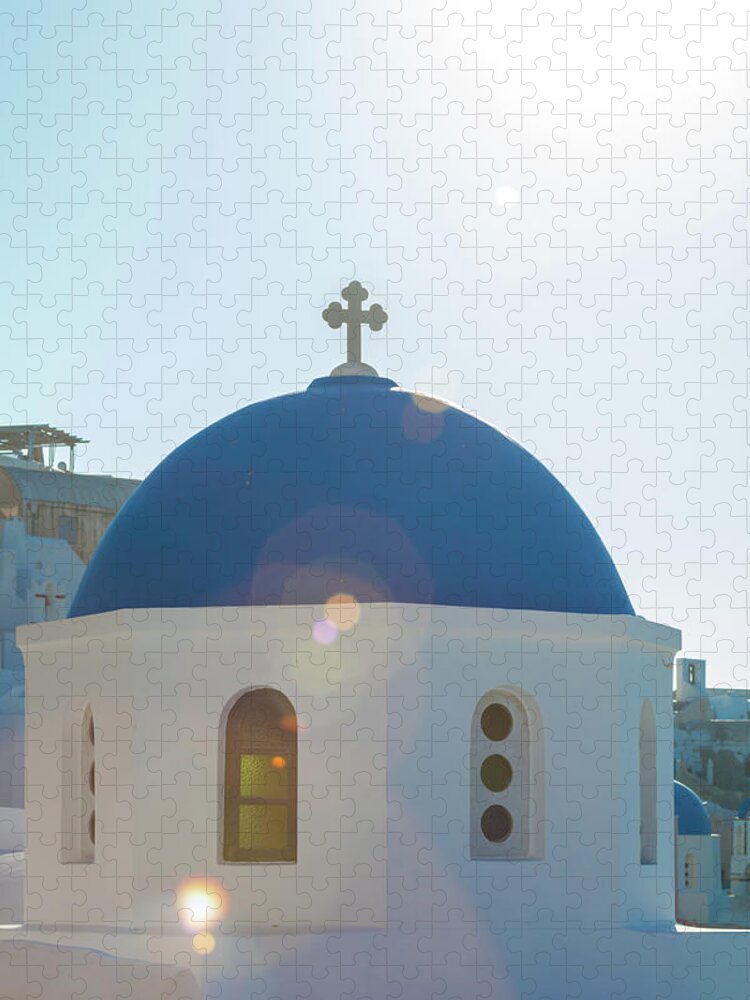 Greece Jigsaw Puzzle featuring the photograph Sunlight Over Blue Domed Church by Matteo Colombo