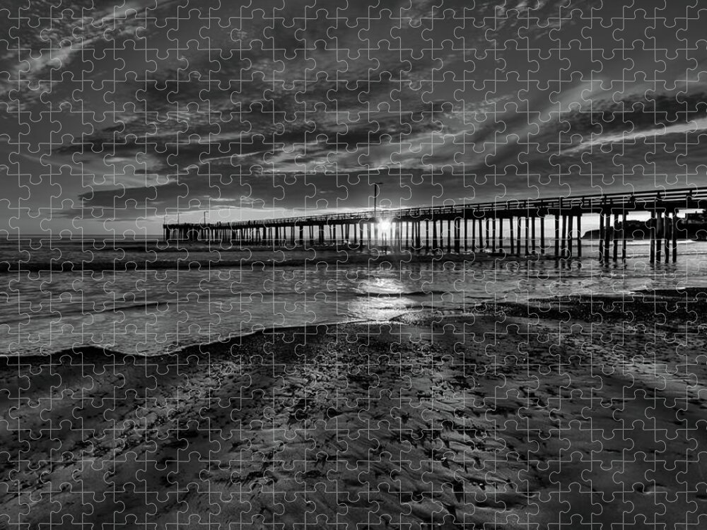Sunset Jigsaw Puzzle featuring the photograph Sunrays through the Pier in Black and White by Beth Sargent