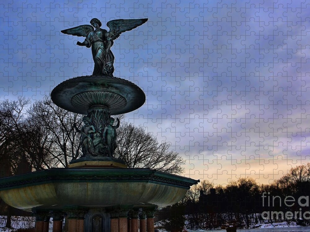Angel Of The Waters Fountain Jigsaw Puzzle featuring the photograph Sunrise at Bethesda - Angel of the Waters by Lee Dos Santos
