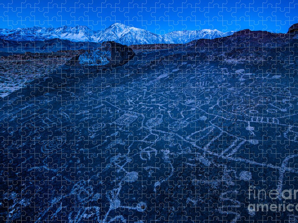 Petroglyph Jigsaw Puzzle featuring the photograph Sunrise on Sky Rock Petroglyph and Sierra Nevada Mountains by Gary Whitton