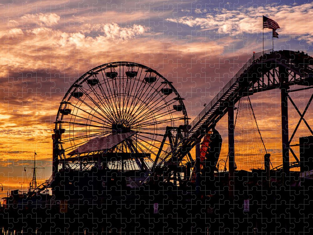 Ferris Wheel Pier Photography Print Jigsaw Puzzle featuring the photograph Sunset Amusement Park Farris Wheel On The Pier Fine Art Photography Print by Jerry Cowart