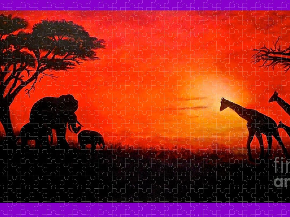 Acacia Trees Jigsaw Puzzle featuring the painting Sunset at Serengeti by Sher Nasser