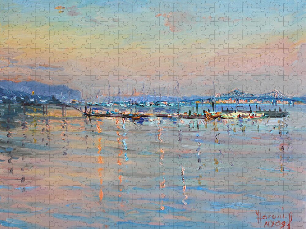 Seascape Puzzle featuring the painting Sunset in Piermont Harbor NY by Ylli Haruni