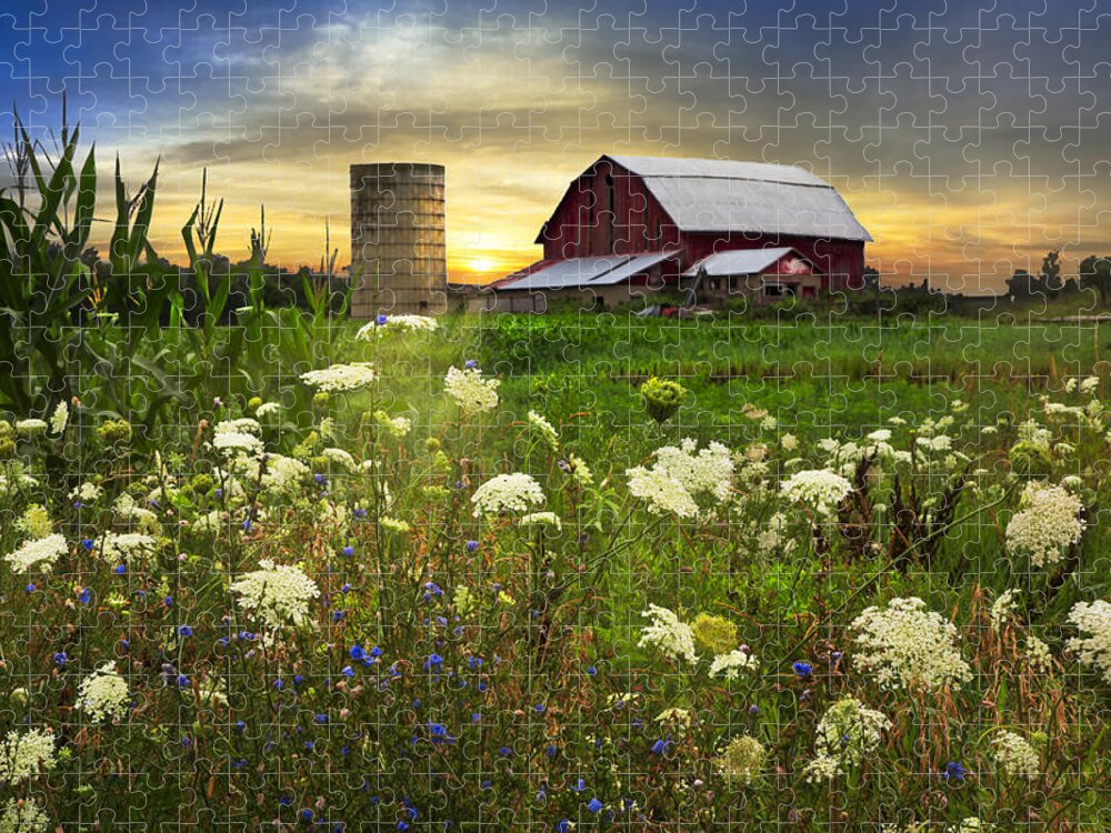 Barn Jigsaw Puzzle featuring the photograph Sunset Lace Pastures by Debra and Dave Vanderlaan