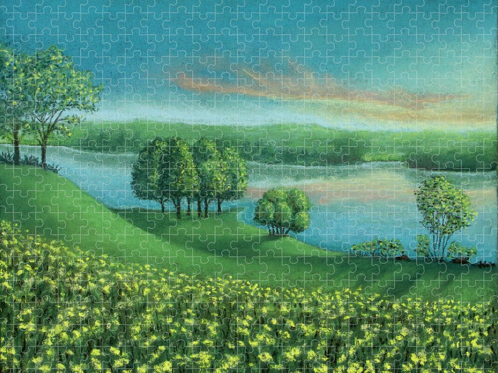 Sunset Jigsaw Puzzle featuring the pastel Sunset Lake A by Michael Heikkinen