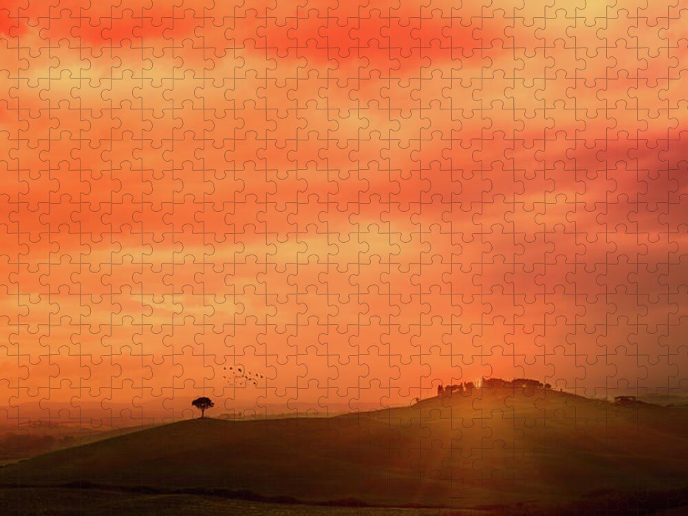 Orange Color Jigsaw Puzzle featuring the photograph Sunset Over The Tuscan Hills by Deimagine