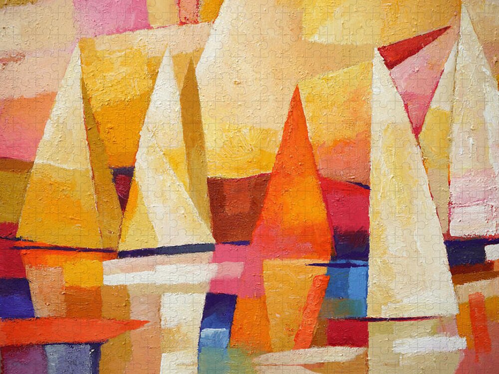 Sunset Regatta Jigsaw Puzzle featuring the painting Sunset Regatta by Lutz Baar