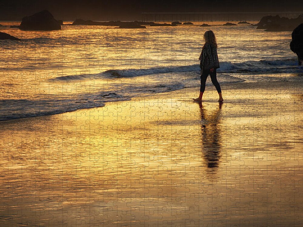 Beach Jigsaw Puzzle featuring the photograph Sunset Walk On San Simeon Beach by Robert Woodward
