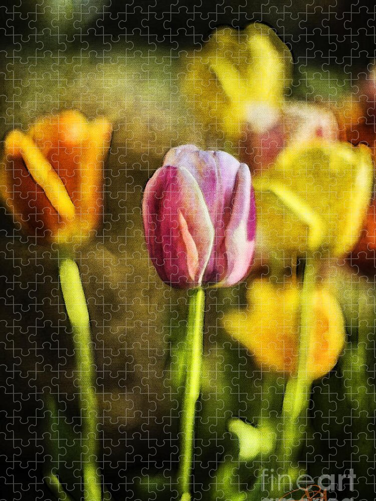 Tulips Jigsaw Puzzle featuring the painting Sunshine and Tulips Modern Art by Contemporary Artist by Jani Bryson