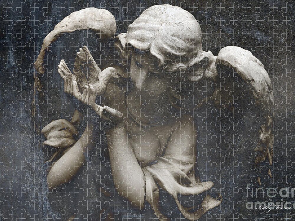 Angel Jigsaw Puzzle featuring the photograph Ethereal Guardian Angel With Dove of Peace by Kathy Fornal