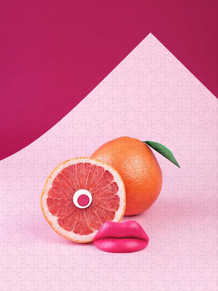 Breakfast Jigsaw Puzzle featuring the photograph Surreal Pink Grapefruit With Eye And by Juj Winn