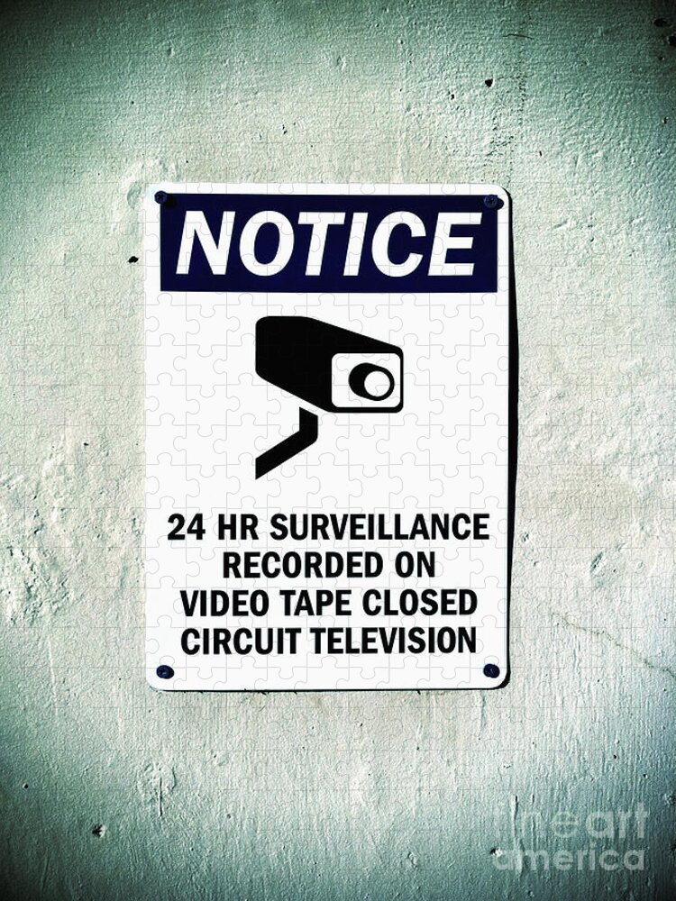 Area Jigsaw Puzzle featuring the photograph Surveillance Sign on Concrete Wall by Bryan Mullennix