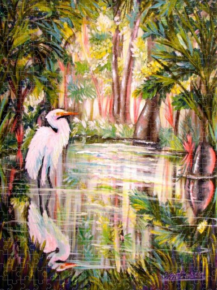 Egret Jigsaw Puzzle featuring the painting Swamp Angel by Carol Allen Anfinsen