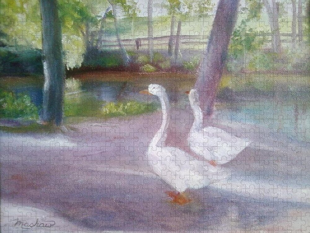 Swans Jigsaw Puzzle featuring the painting Swans at Smithville Park by Sheila Mashaw