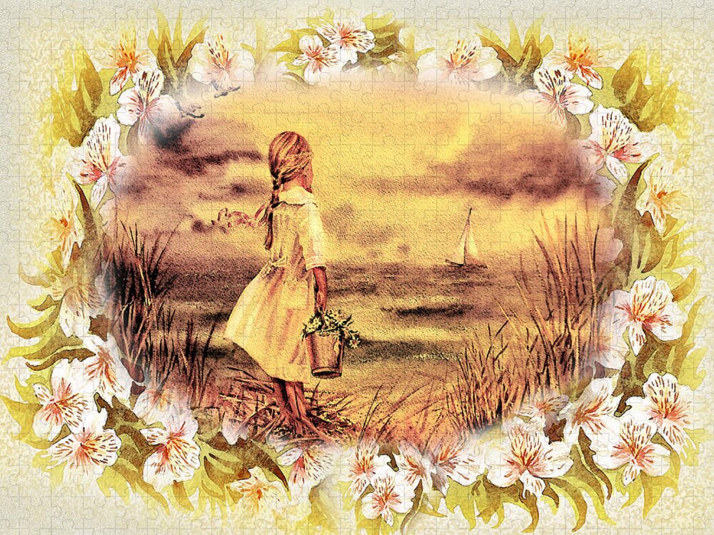 Shore.girl Jigsaw Puzzle featuring the painting Sweet Memories A Trip To The Shore by Irina Sztukowski