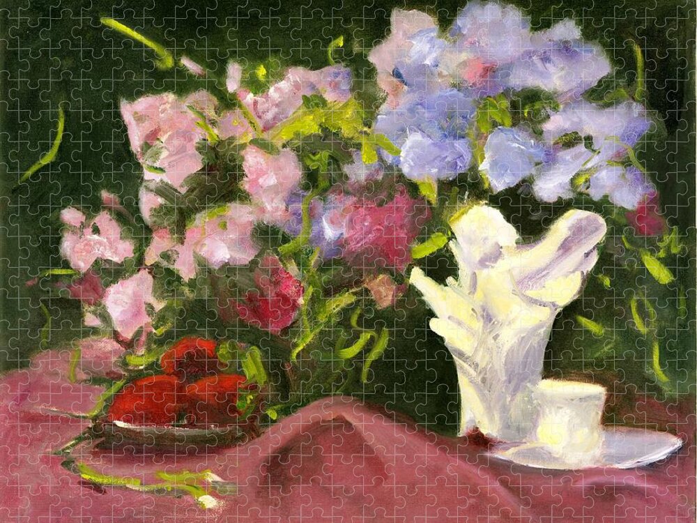 Fairy Jigsaw Puzzle featuring the painting Sweetpeas and Strawberries by Maria Hunt