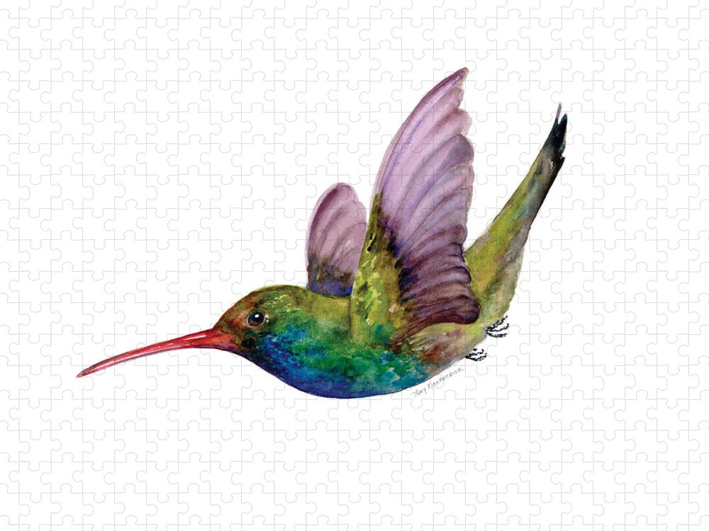 Bird Jigsaw Puzzle featuring the painting Swooping Broad Billed Hummingbird by Amy Kirkpatrick