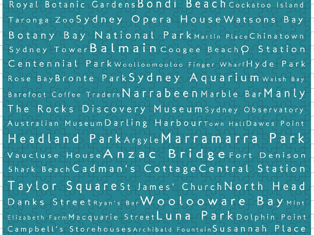 City Jigsaw Puzzle featuring the digital art Sydney in Words Teal by Sabine Jacobs
