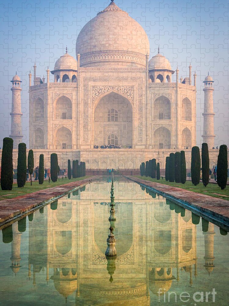 Agra Jigsaw Puzzle featuring the photograph Taj Mahal Dawn Reflection by Inge Johnsson