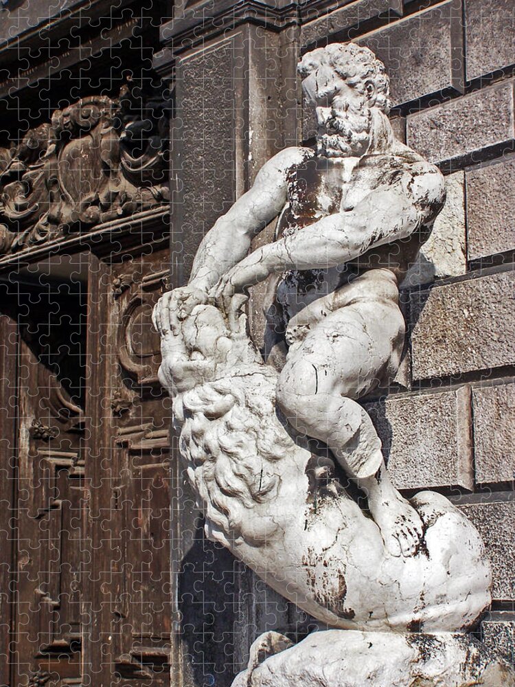 Statue Of Nude Man And Lion Jigsaw Puzzle featuring the photograph Taken by Force by Jennifer Robin