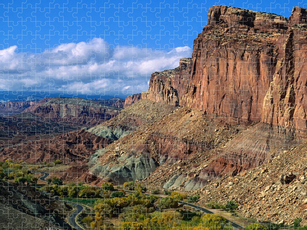 Capitol Reef National Park Jigsaw Puzzle featuring the photograph Tall Cliffs Along Sulphur Creek Canyon by John Elk