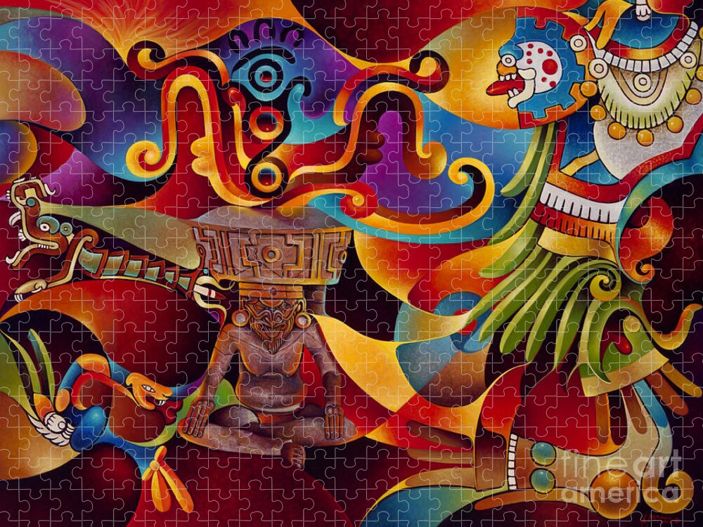 Aztec Jigsaw Puzzle featuring the painting Tapestry of Gods - Huehueteotl by Ricardo Chavez-Mendez