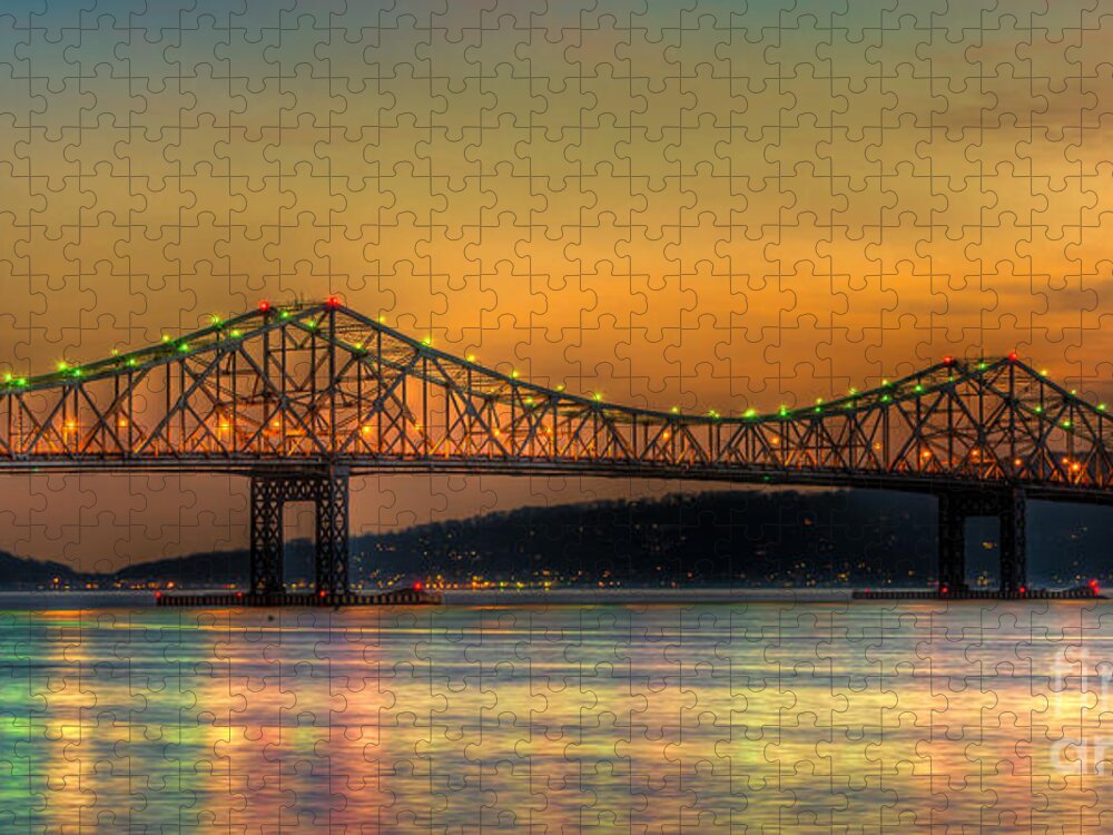 America Jigsaw Puzzle featuring the photograph Tappan Zee Bridge Twilight IV Panoramic by Clarence Holmes