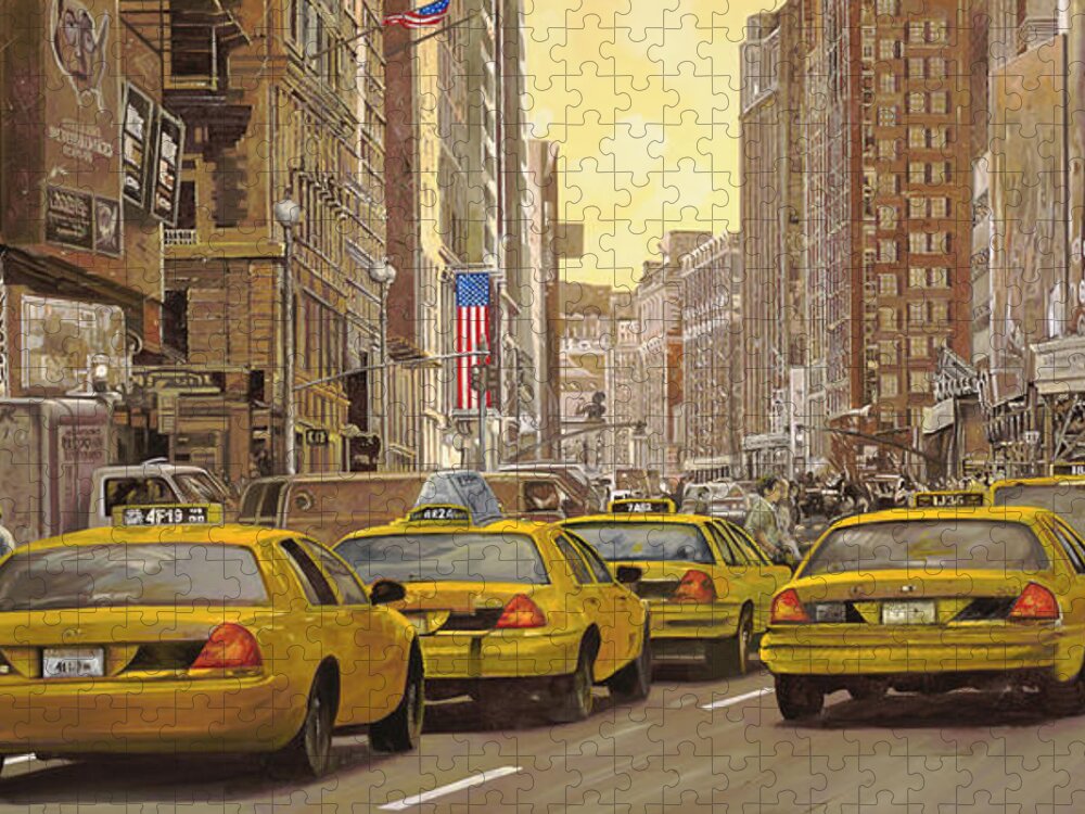 New York Jigsaw Puzzle featuring the painting yellow taxi in NYC by Guido Borelli