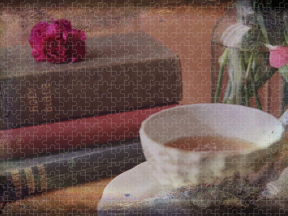 Still Life Jigsaw Puzzle featuring the photograph Tea and Verses by Toni Hopper
