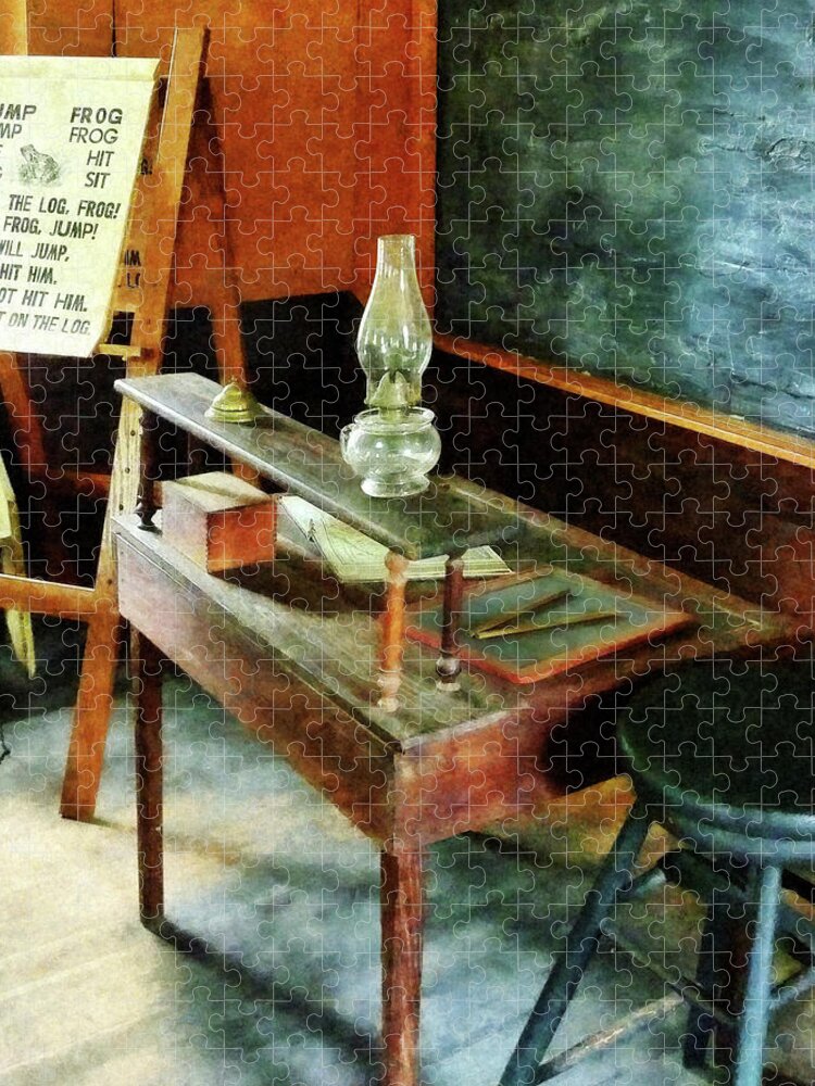 Teacher Jigsaw Puzzle featuring the photograph Teacher's Desk With Hurricane Lamp by Susan Savad