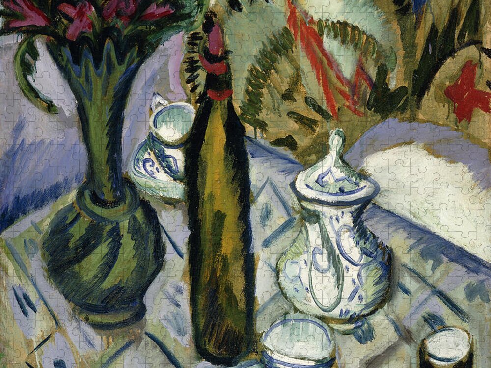 1912 Jigsaw Puzzle featuring the painting Teapot Bottle and Red Flowers by Ernst Ludwig Kirchner