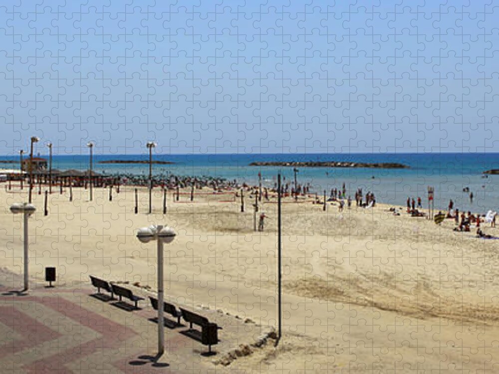 Mediterranean Jigsaw Puzzle featuring the photograph Tel Aviv beach panorama by Oren Shalev