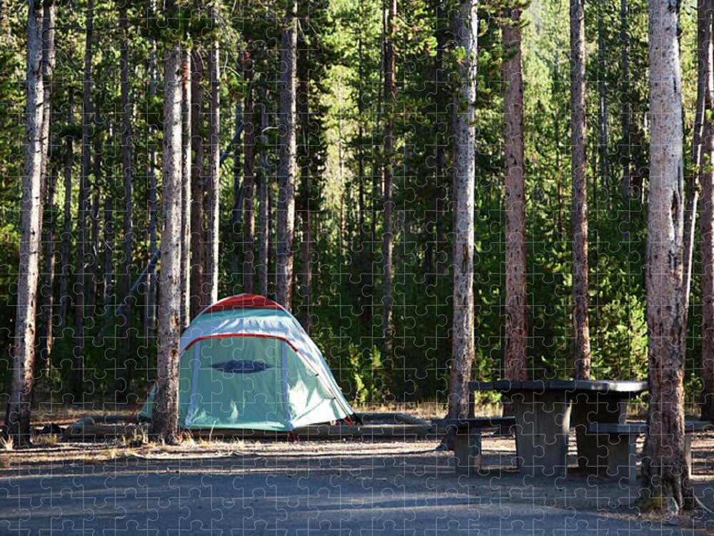 Camping Jigsaw Puzzle featuring the photograph Tent In Yellowstone Campsite by Terryfic3d