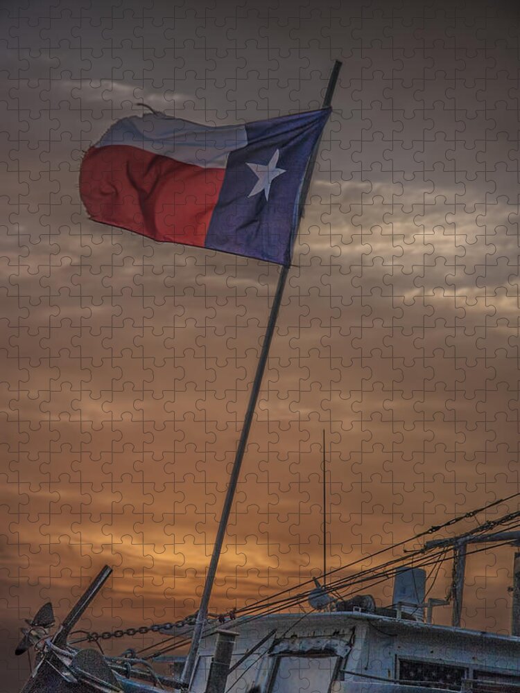 Migration Jigsaw Puzzle featuring the photograph Texas Flag Flying from a Fishing Boat at Sunrise by Randall Nyhof